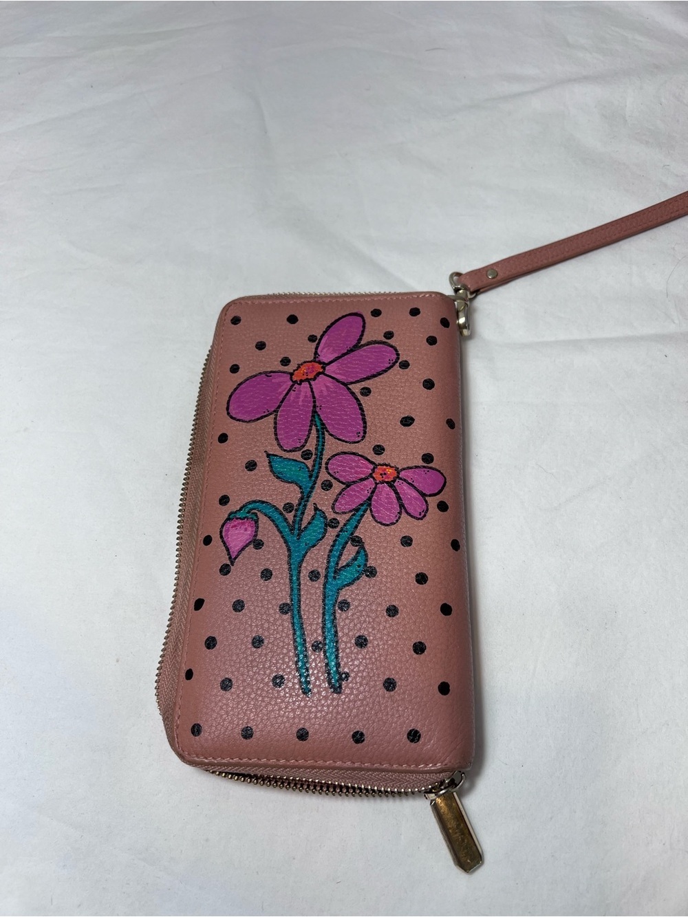 Hand painted full size zip around wallet wristlet blush pink flower floral